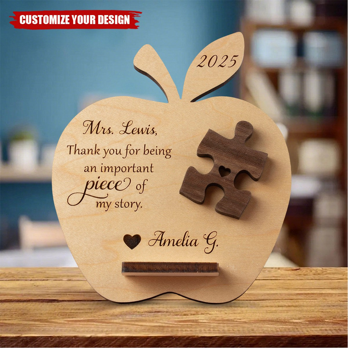 Personalized Teacher Gift, Apple Puzzle Piece Wood Sign