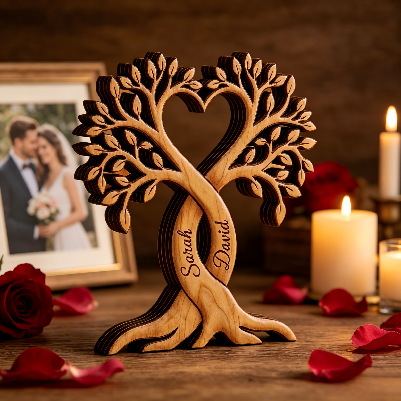 Personalized Couple Heart Tree Wooden Block, Wedding Anniversary Gift
