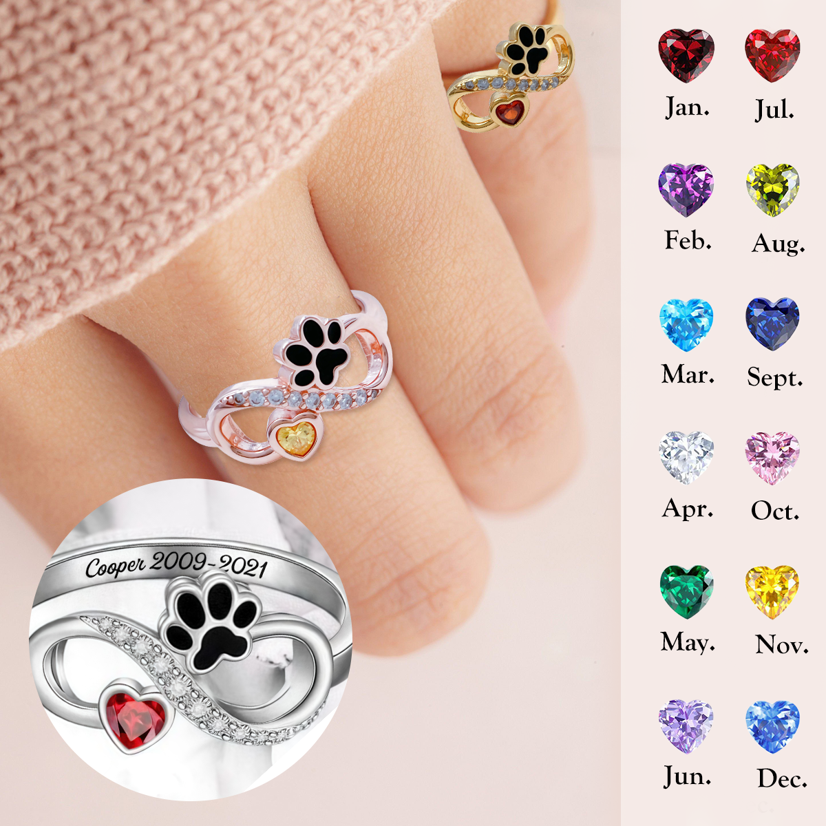 Personalized Pet Paw Birthstone Ring - Gift For Pet Lovers