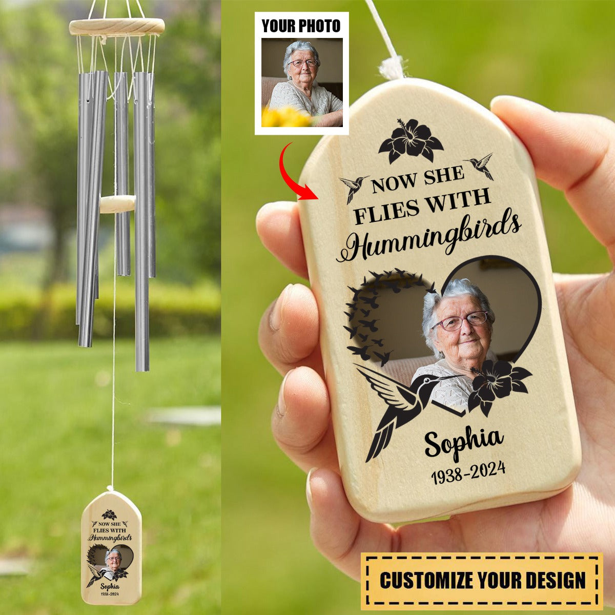Personalized Custom Photo Now She Flies With Hummingbirds Memorial Wind Chimes