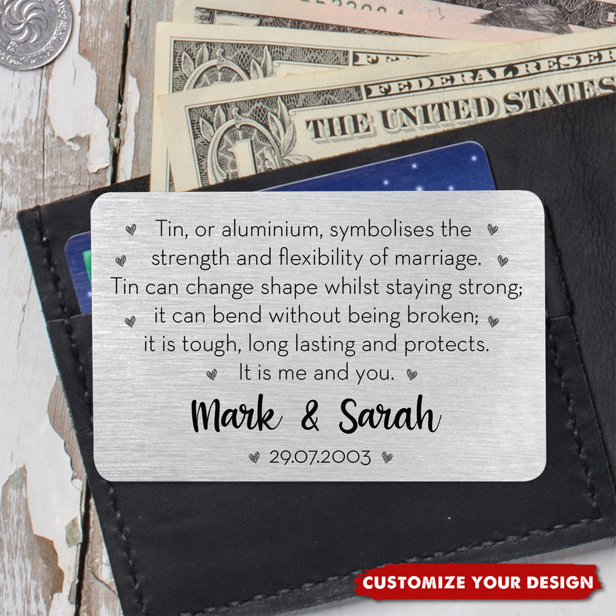 Personalized Tin Anniversary Wallet Card, Gift For Him Husband