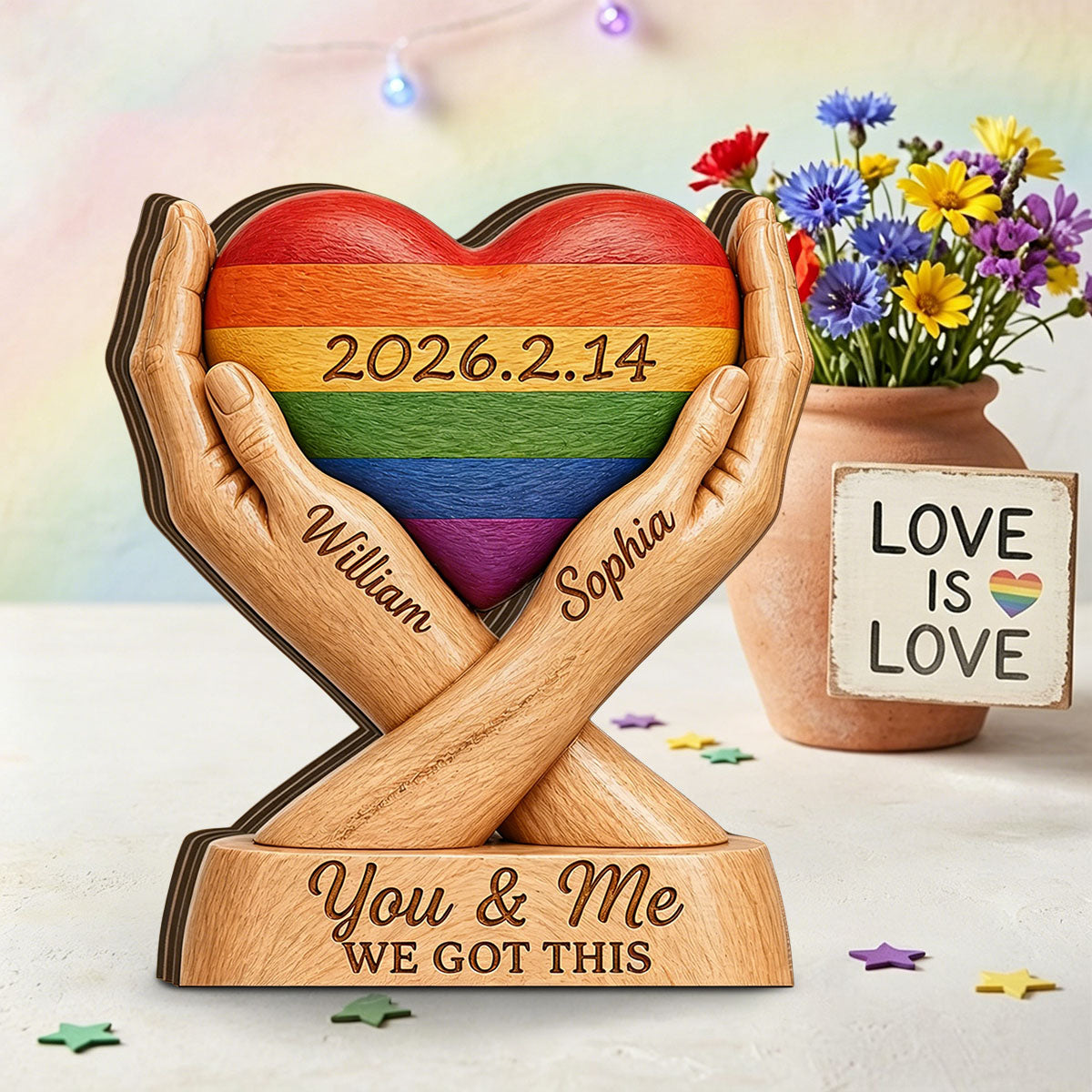 Love Is Love - Personalized Hearts Shaped Wood Plaque, LGBTQ Pride Gift