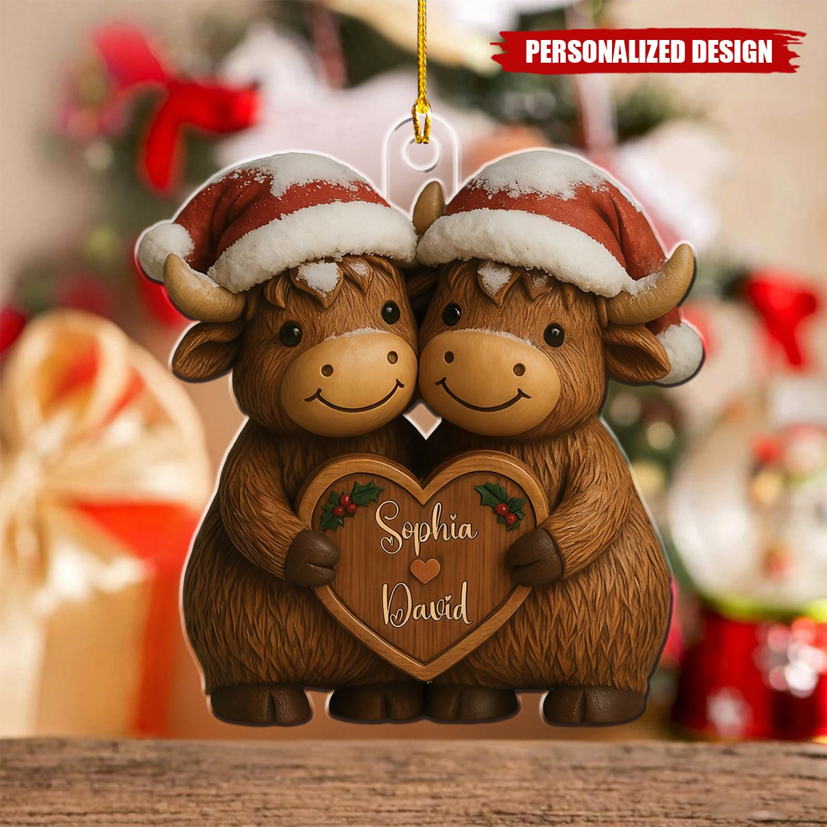 Personalized Christmas Highland Cow Couple Acrylic Ornament