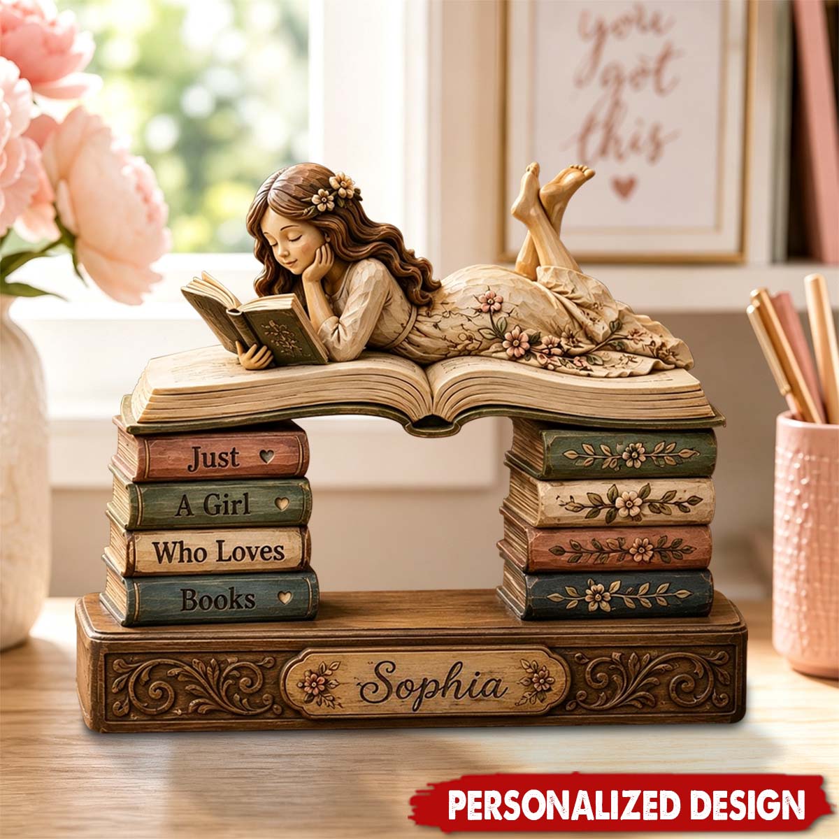 Personalized Reading Girl Book Wooden Block, Custom Book Lover Desk Decor