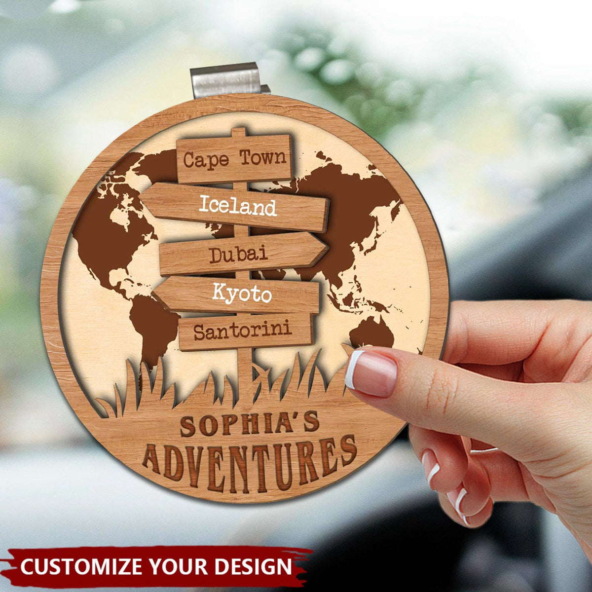 Personalized Travel Adventures 2 Layer Wood Car Visor Clip, Gift For Travel Lovers