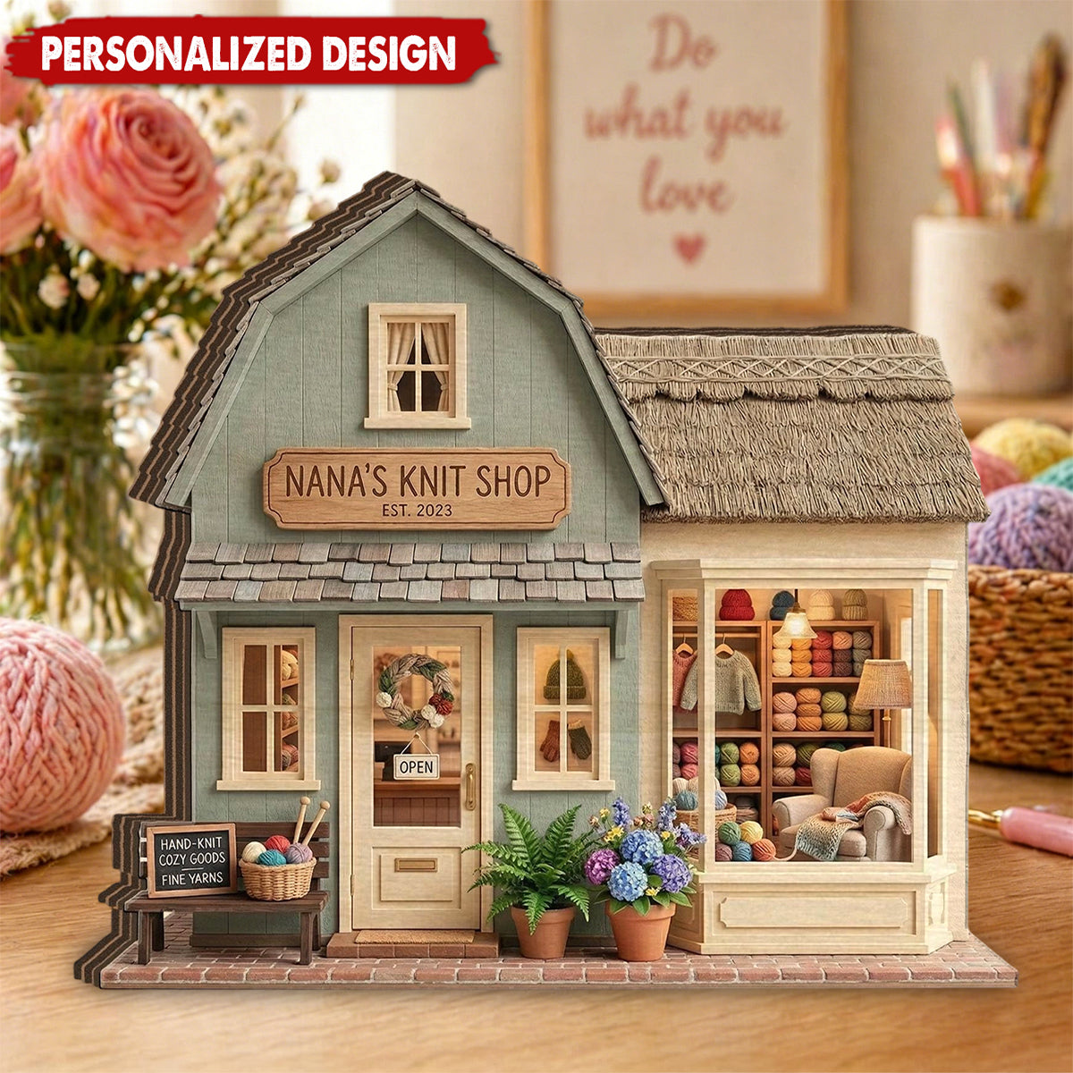Personalized Knitting Shop Wooden Block, Gift For Crochet Lover