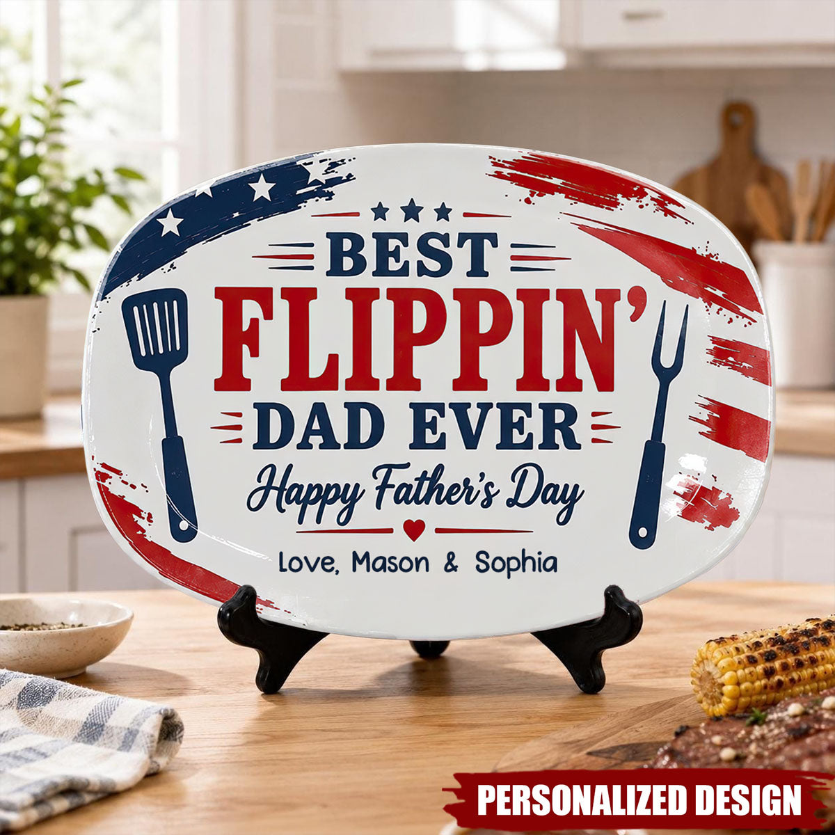 Custom ”Best Flippin’ Dad Ever” Grilling Plate, Personalized Dad Gift, BBQ Gifts, Fourth of July Decor