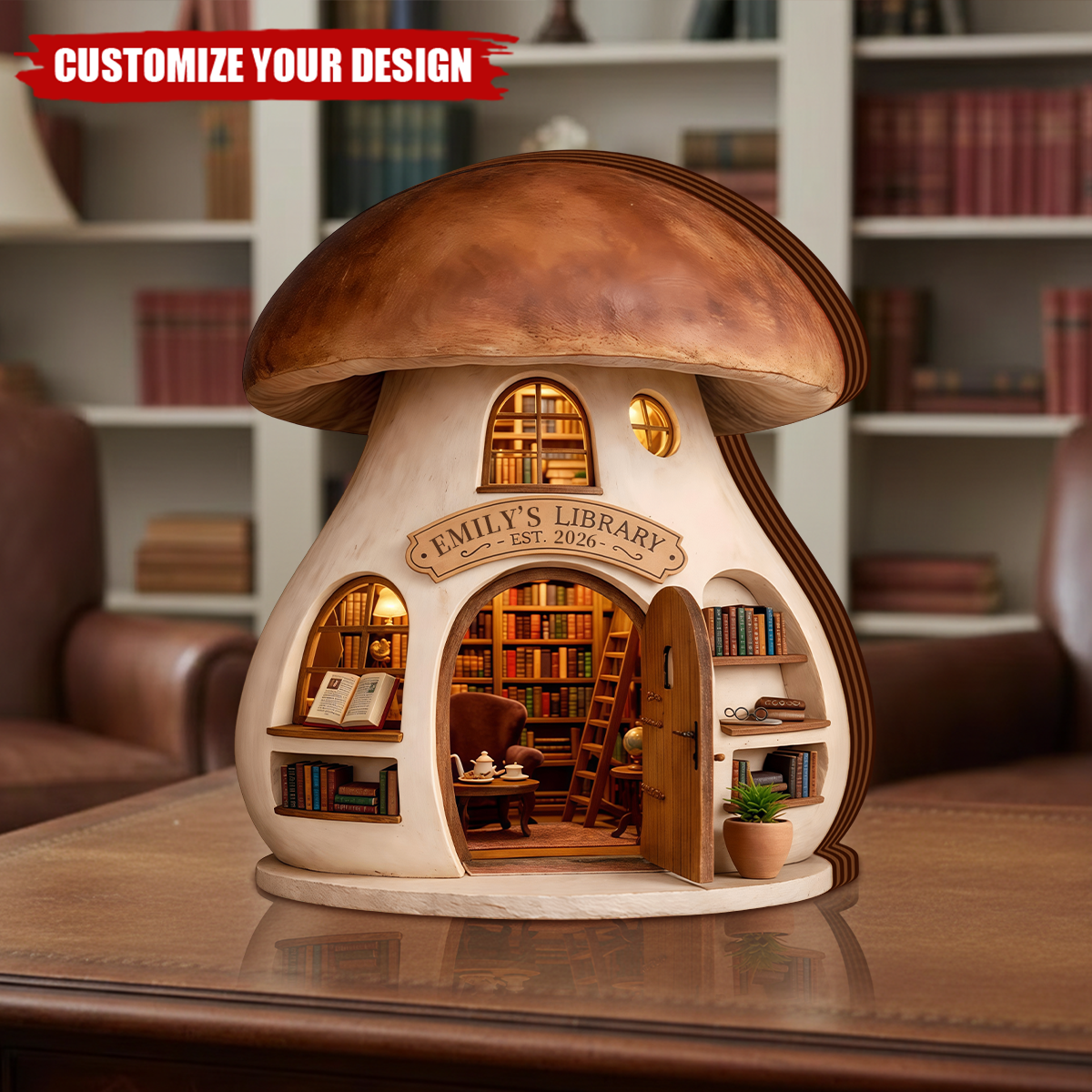 Personalized Mushroom Library Wooden Block, Bookshelf Decor