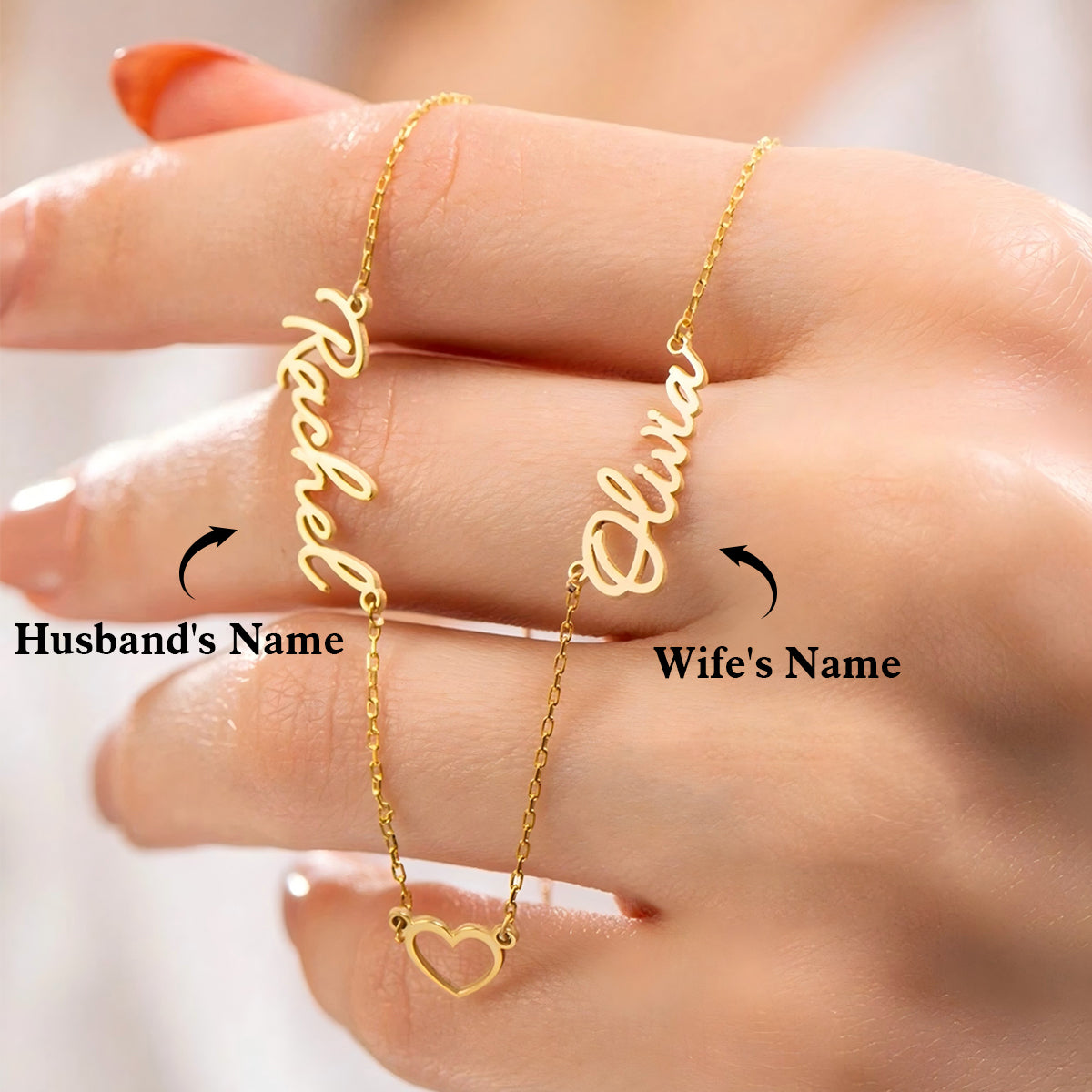 Personalized Two Name Necklace with Heart, Gift for Wife Girlfriend
