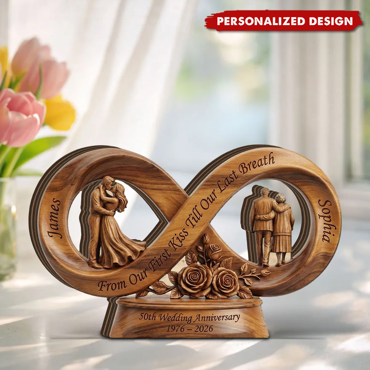 Personalized Couple Roses Anniversary Wooden Plaque