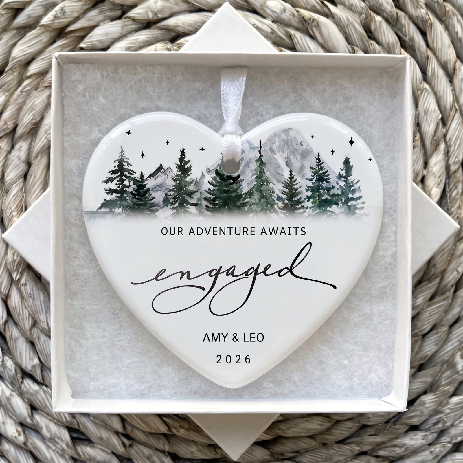 Personalized Our Adventure Awaits Mountain Engaged Ceramic Ornament