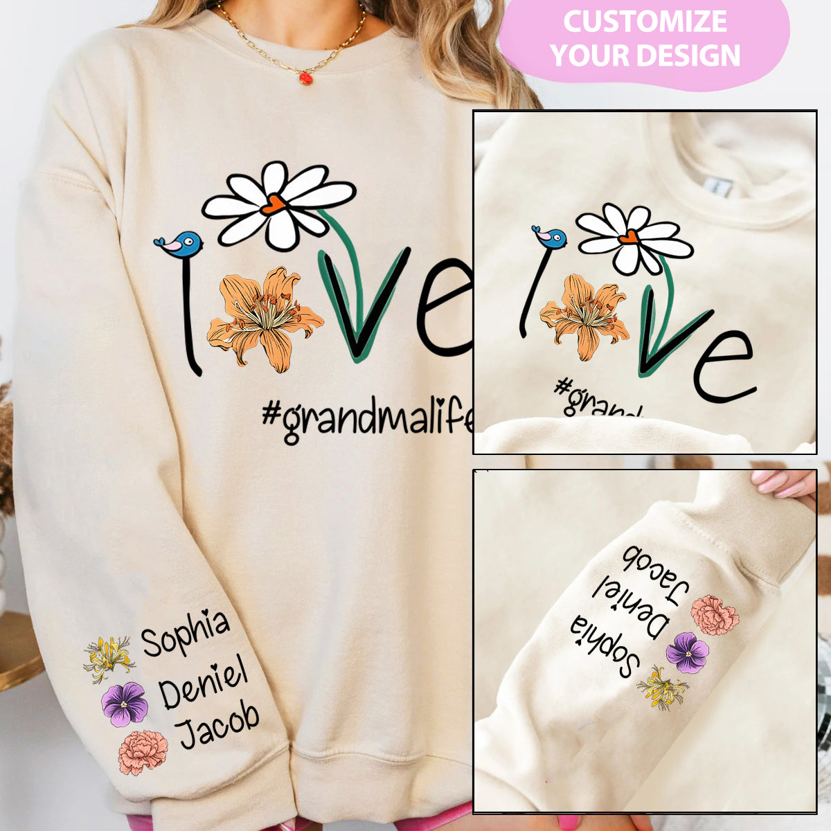 Love Grandma Life Mom Life Birth Month Flowers-Personalized Sleeve Printed Sweatshirt