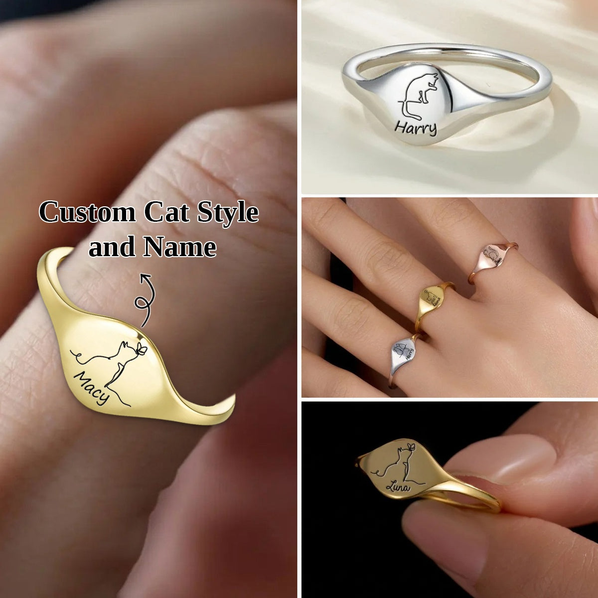 Personalized Cute Engraved Cat Silhouette Ring with Name Dainty Jewelry