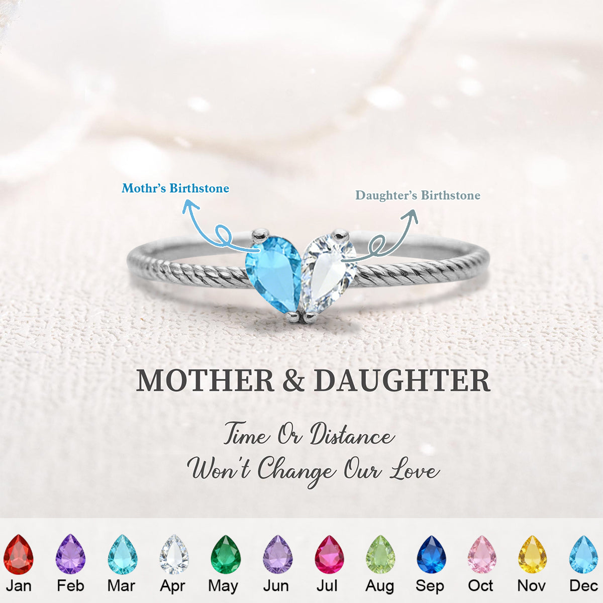 Custom Pieced Heart Birthstone Adjustable Ring, Mother Daughter Jewelry