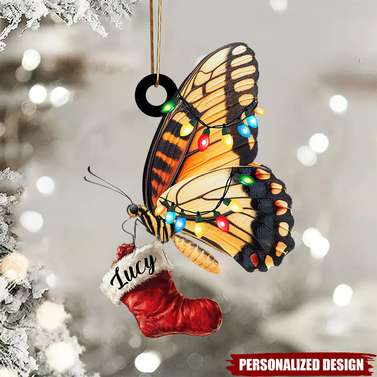 Personalized Custom Name Butterfly With Christmas Stocking Xmas Ornament