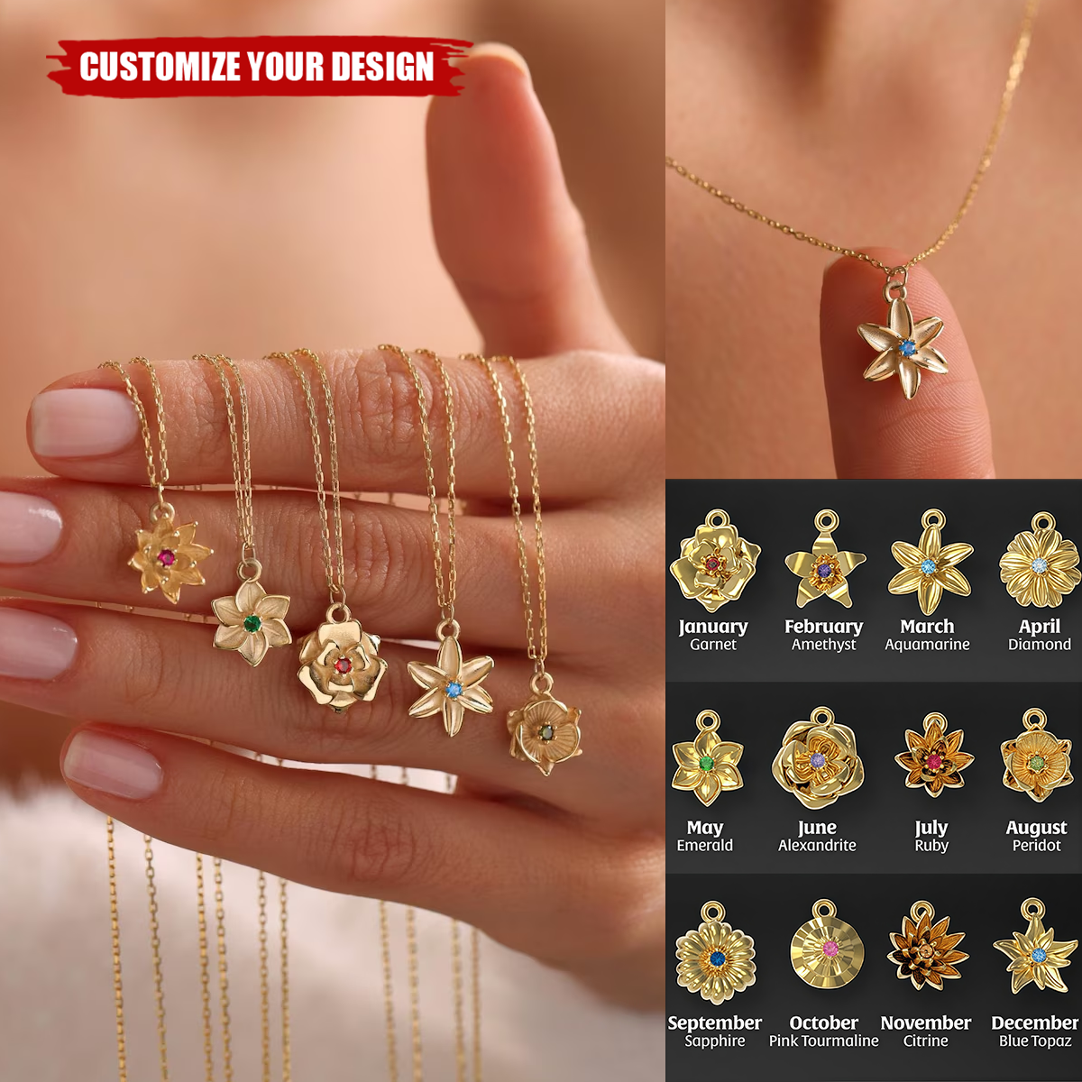 Personalized Custom Birth Flower Necklace With Birthstone, Gift For Her