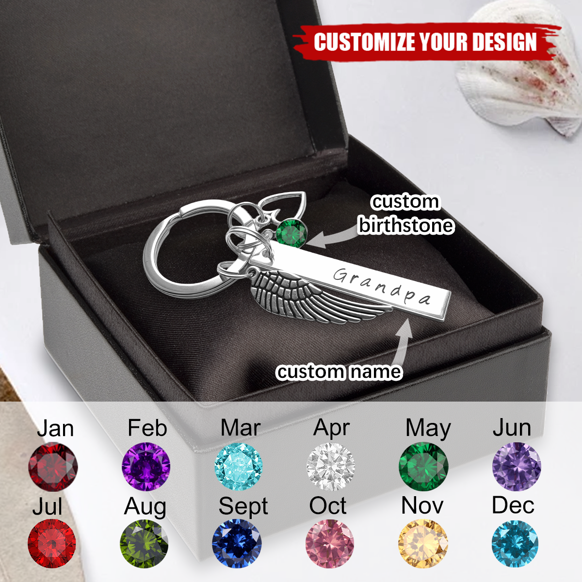 Angel Wings - Personalized Keychain Heart Birthstone Name Charm