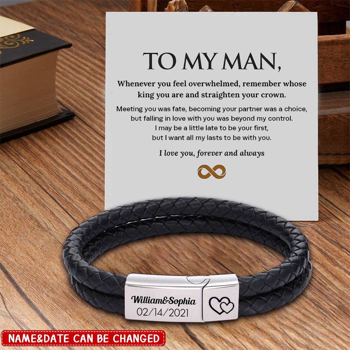 To My Man,Personalized Leather Stainless Steel Men's Engraved Bracelet