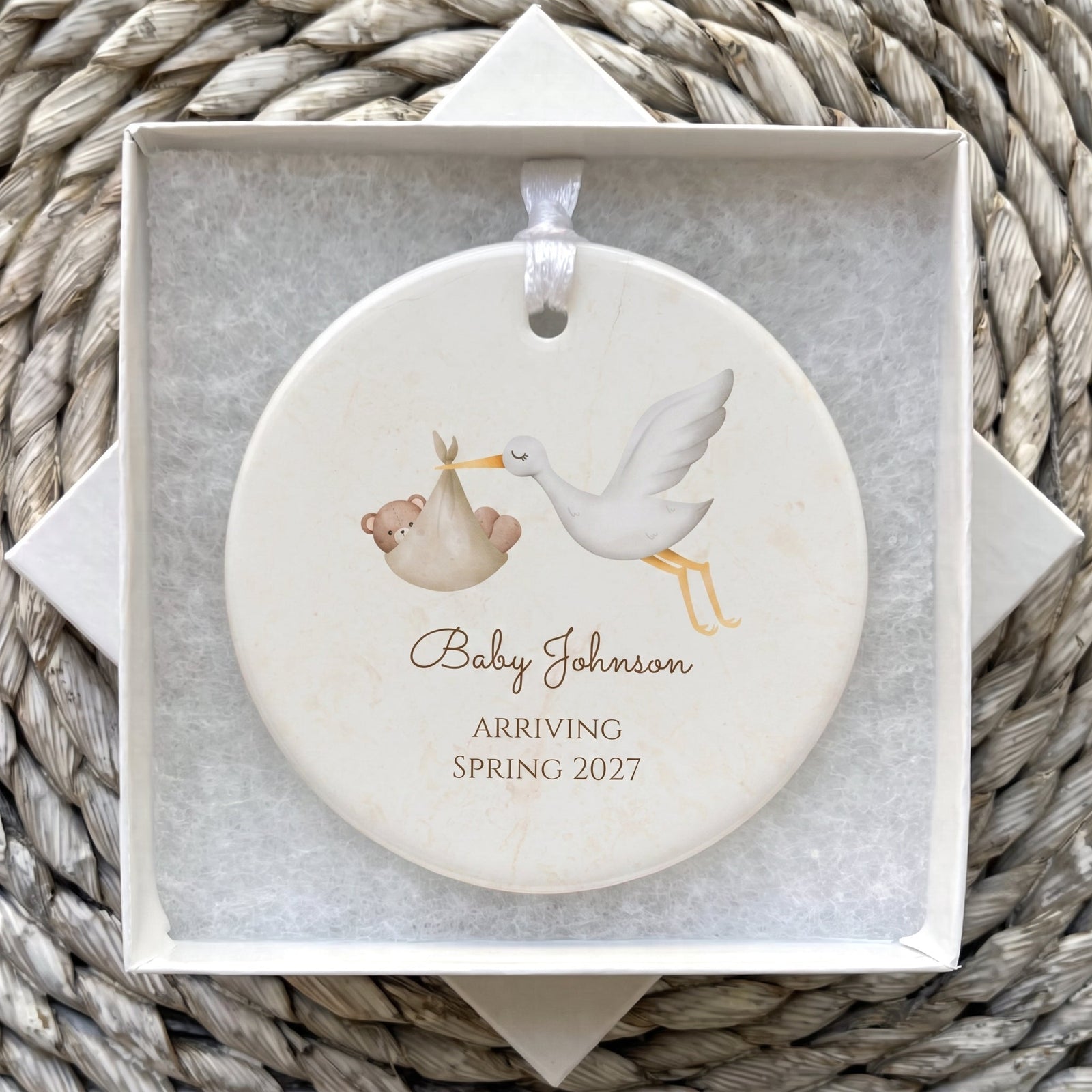 Personalized Stork Baby Announcement Ceramic Ornament