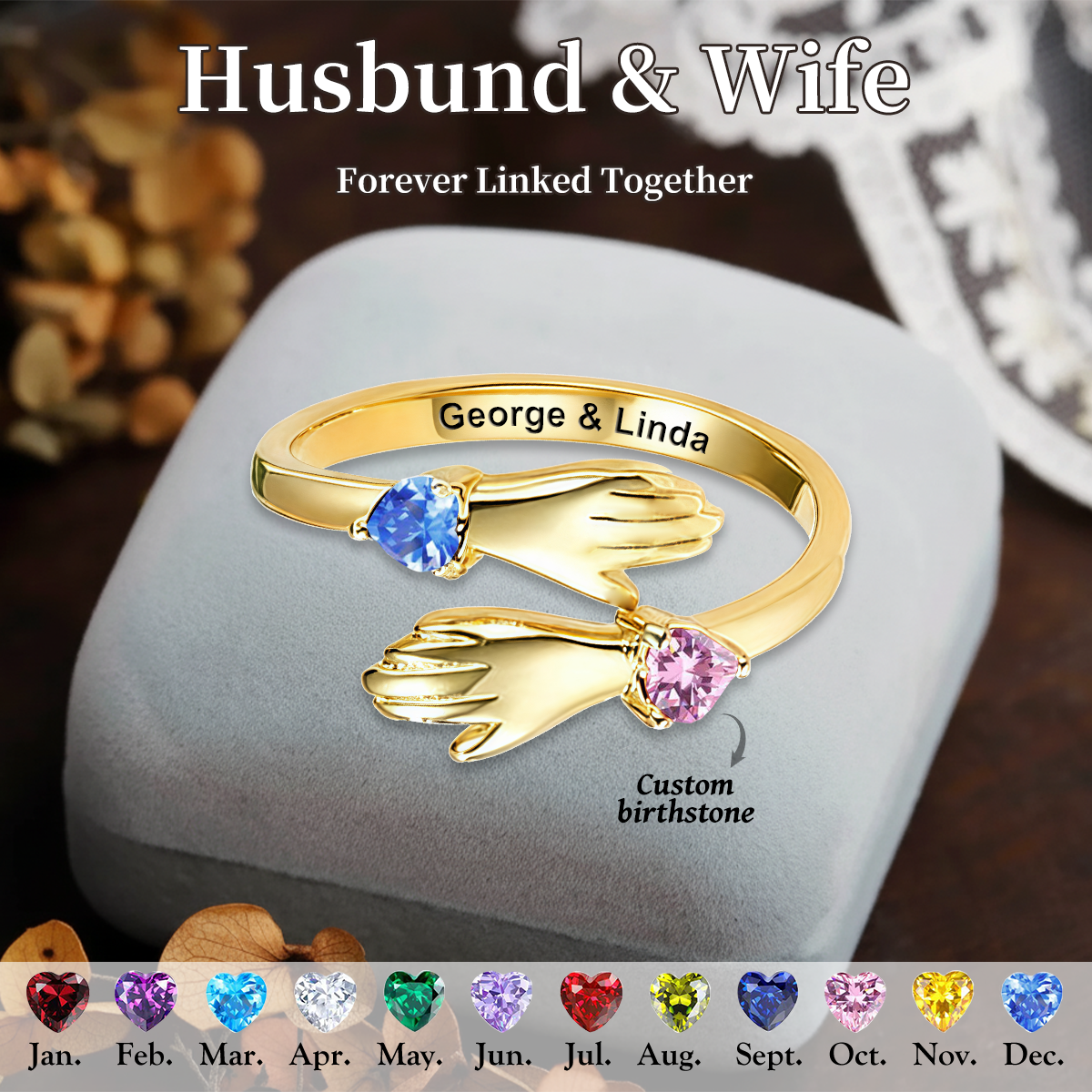 Personalized Double Birthstone Hug Couple Ring