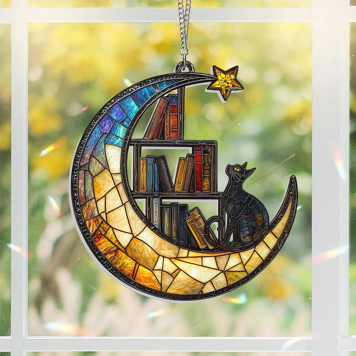 Cat Book On The Moon Acrylic Suncatcher Window Hanging