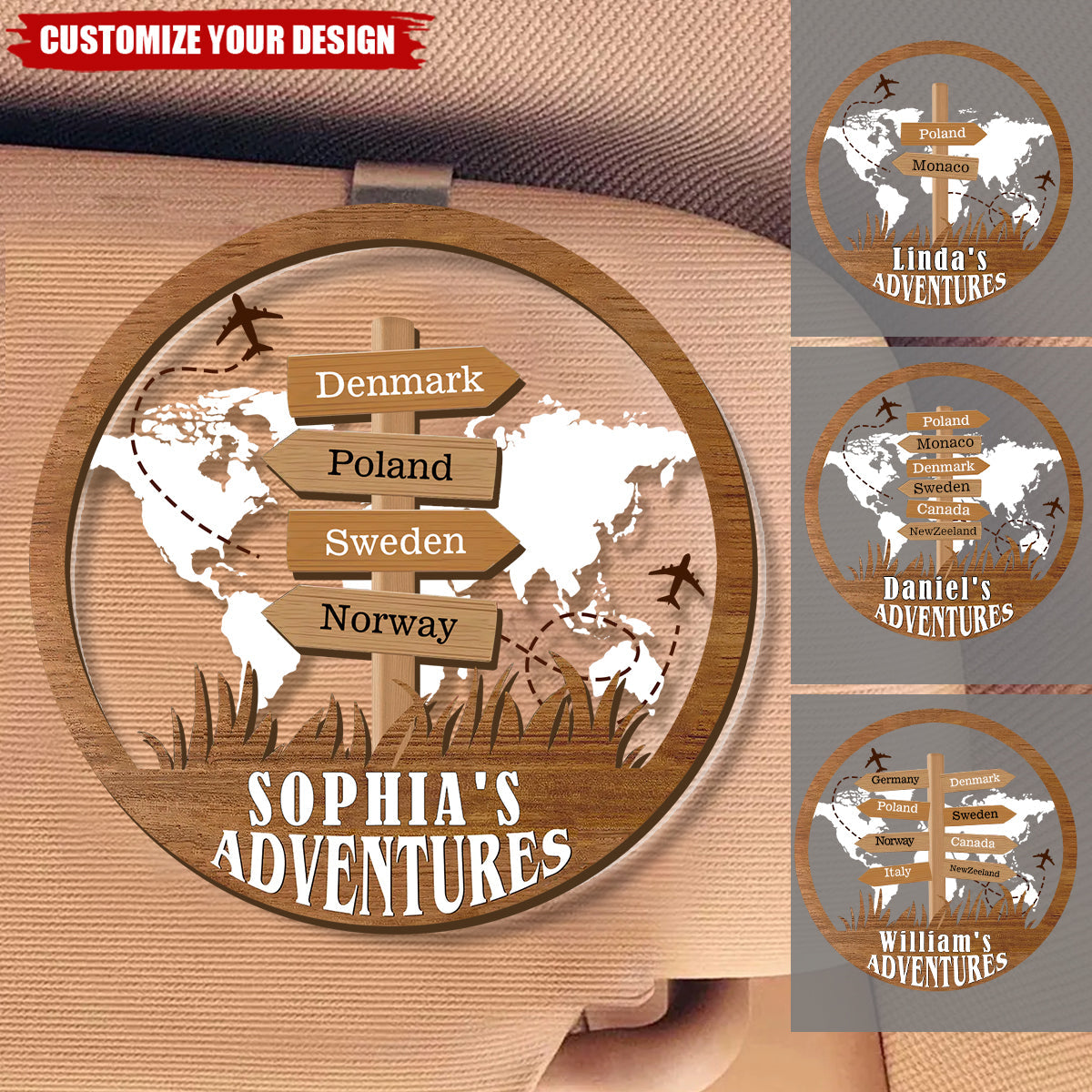 Personalized Travel Adventure Car Visor Clip, Custom Traveling Destination