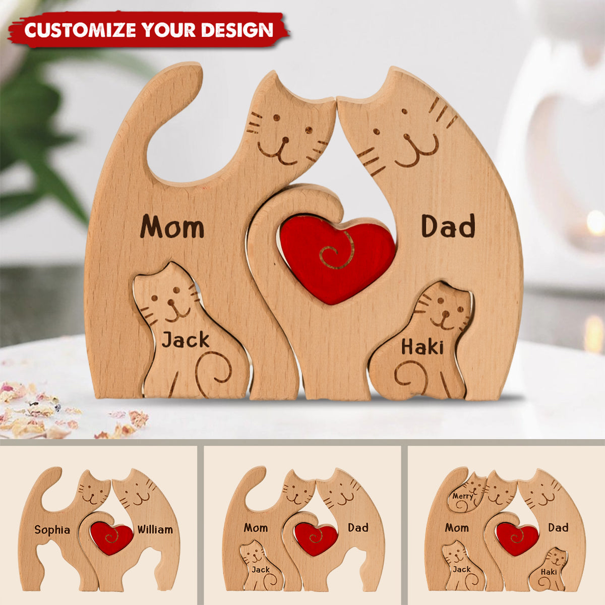 Cat Family - Personalized Wooden Cat Family Puzzle