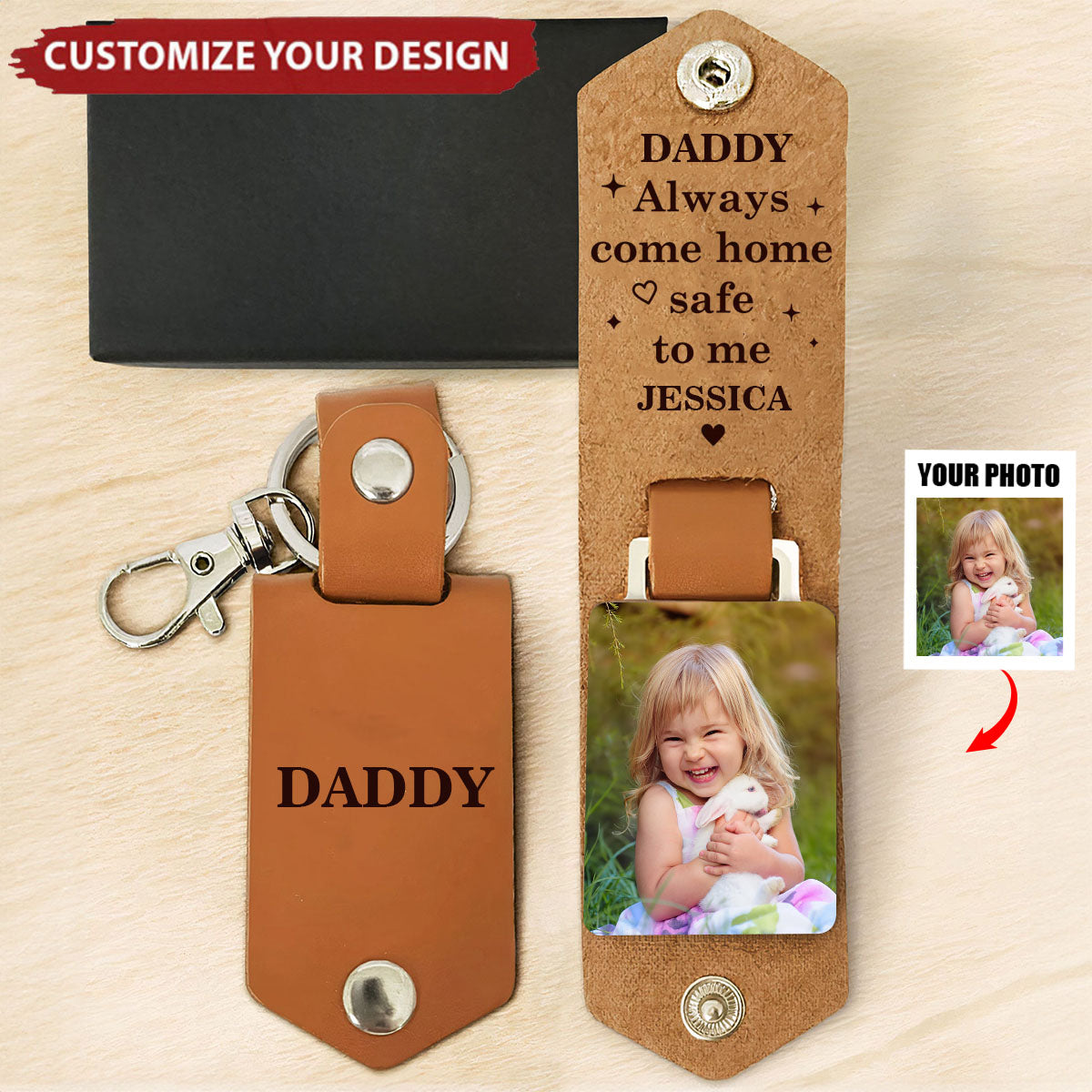 Custom Photo Drive Safe - Family Personalized Engraved Leather Keychain - Father's Day