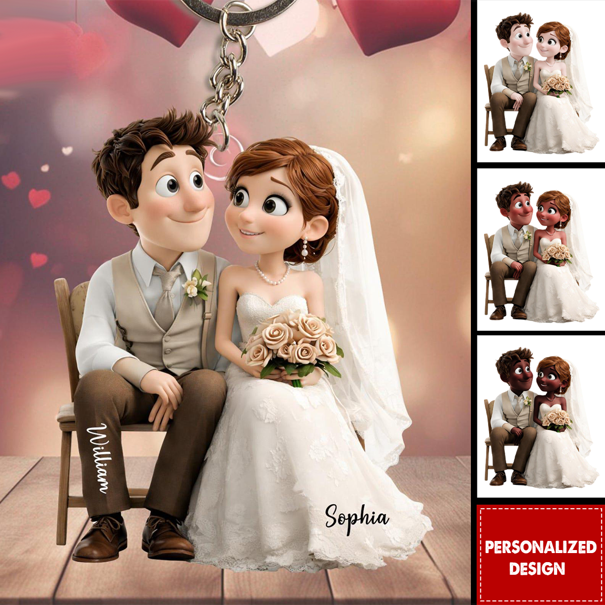 Personalized Cute Cartoon Wedding Couple Acrylic Keychain