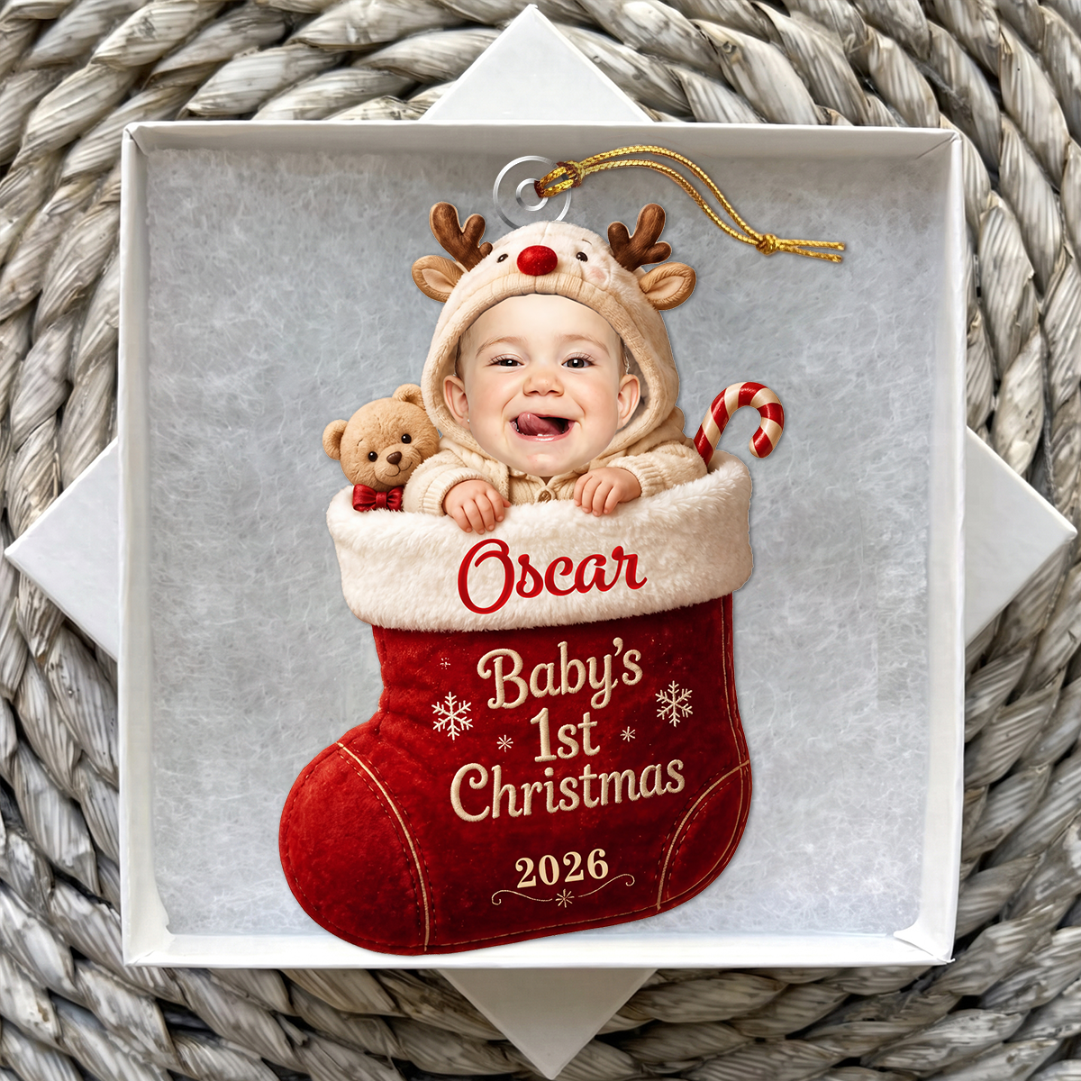Personalized Baby 1st Christmas Red Stocking Acrylic Ornament