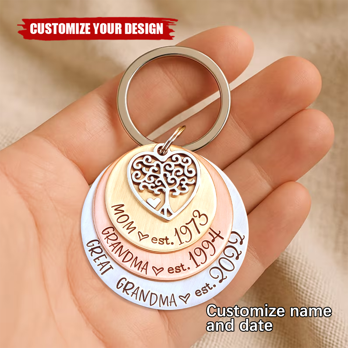 Personalized Hand Stamped Keychain, Gift For Mom Grandma