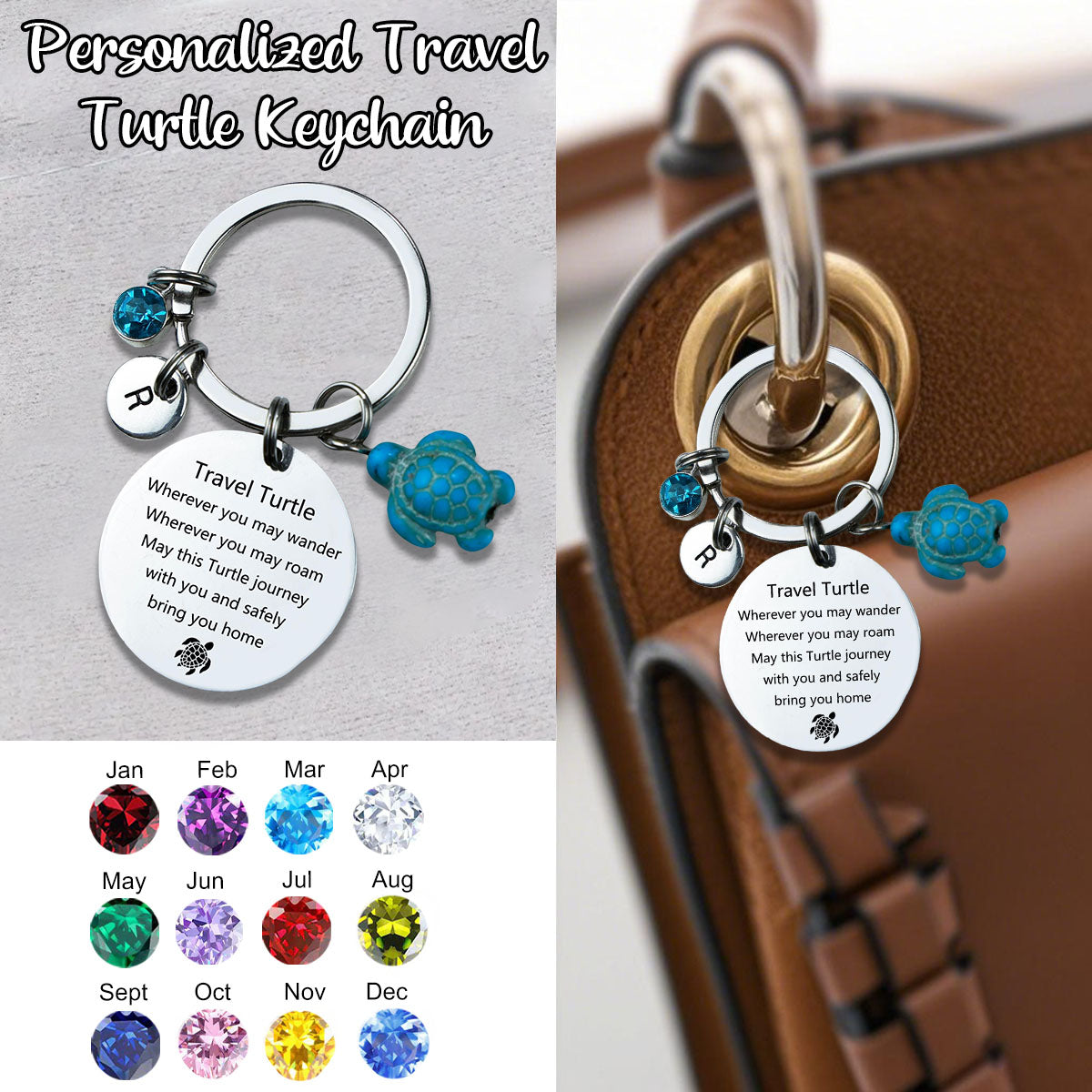 Personalized Keychain, Travel Sea Turtle Keyring, Journey Good Luck Charm