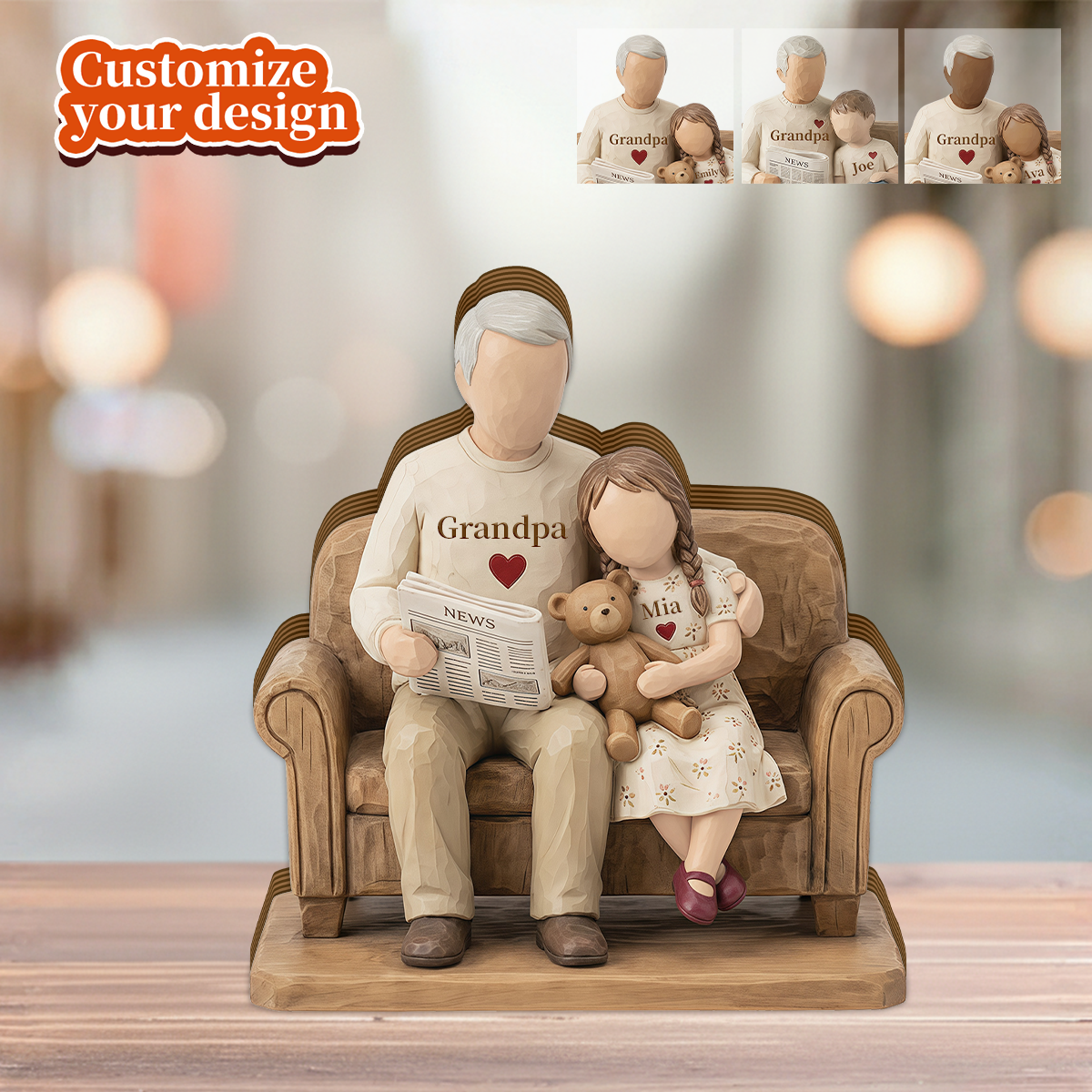 Personalized Grandpa and Grandchild 2D FLAT Wooden Block