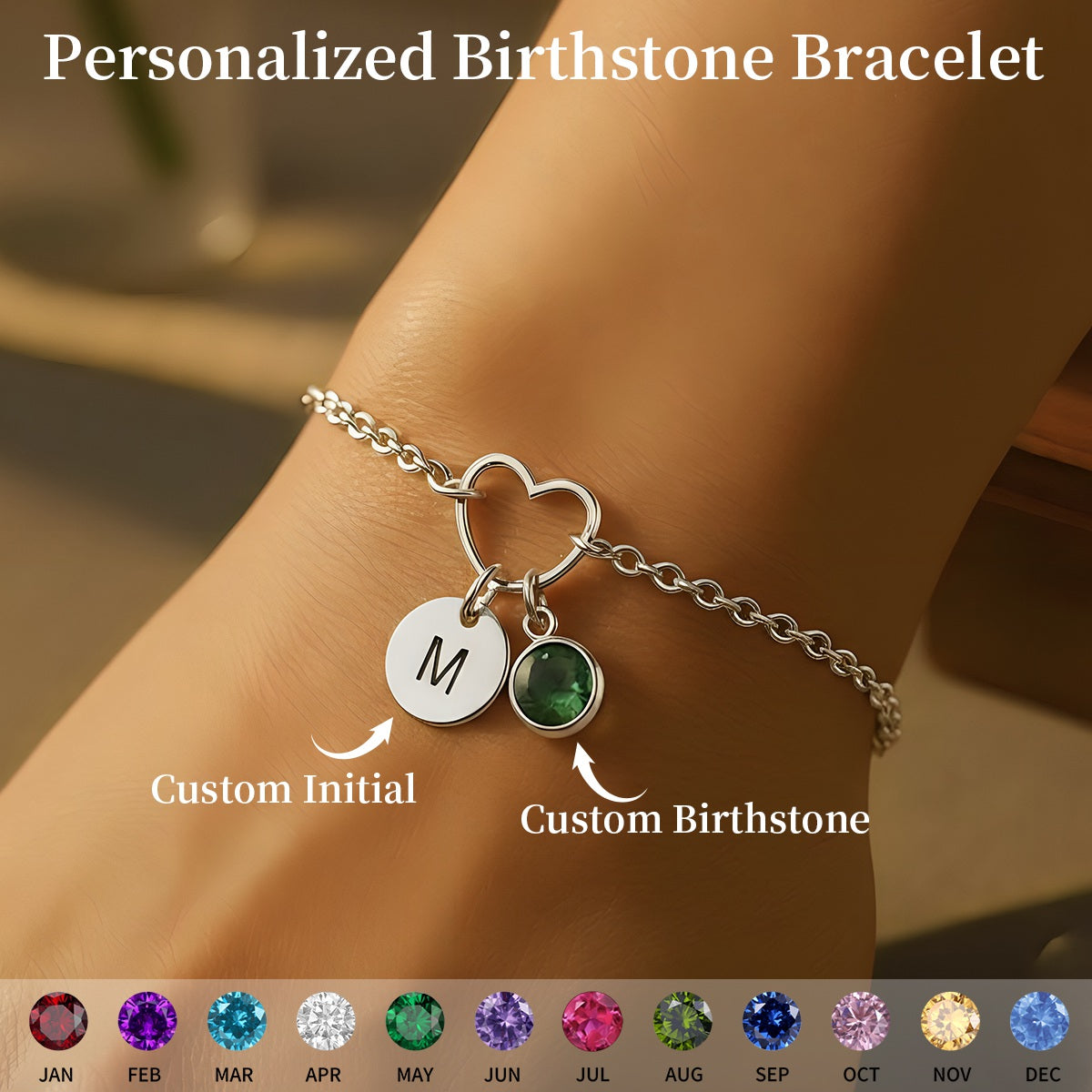 Personalized Heart Initial Birthstone Bracelet