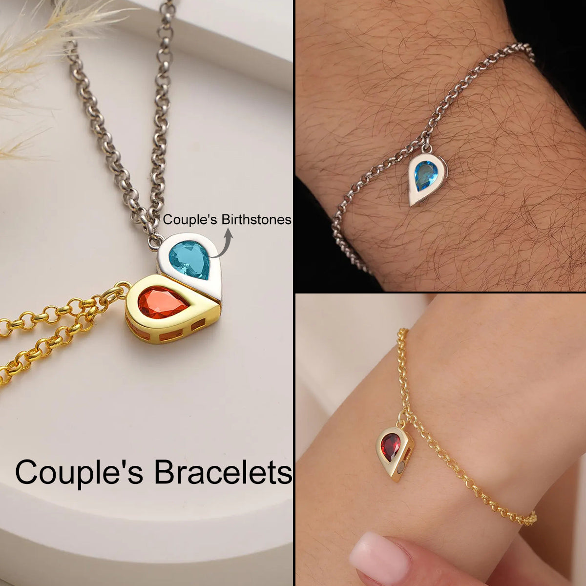 Personalized Couple Bracelets with Birthstones, Matching Magnetic Heart Bracelet