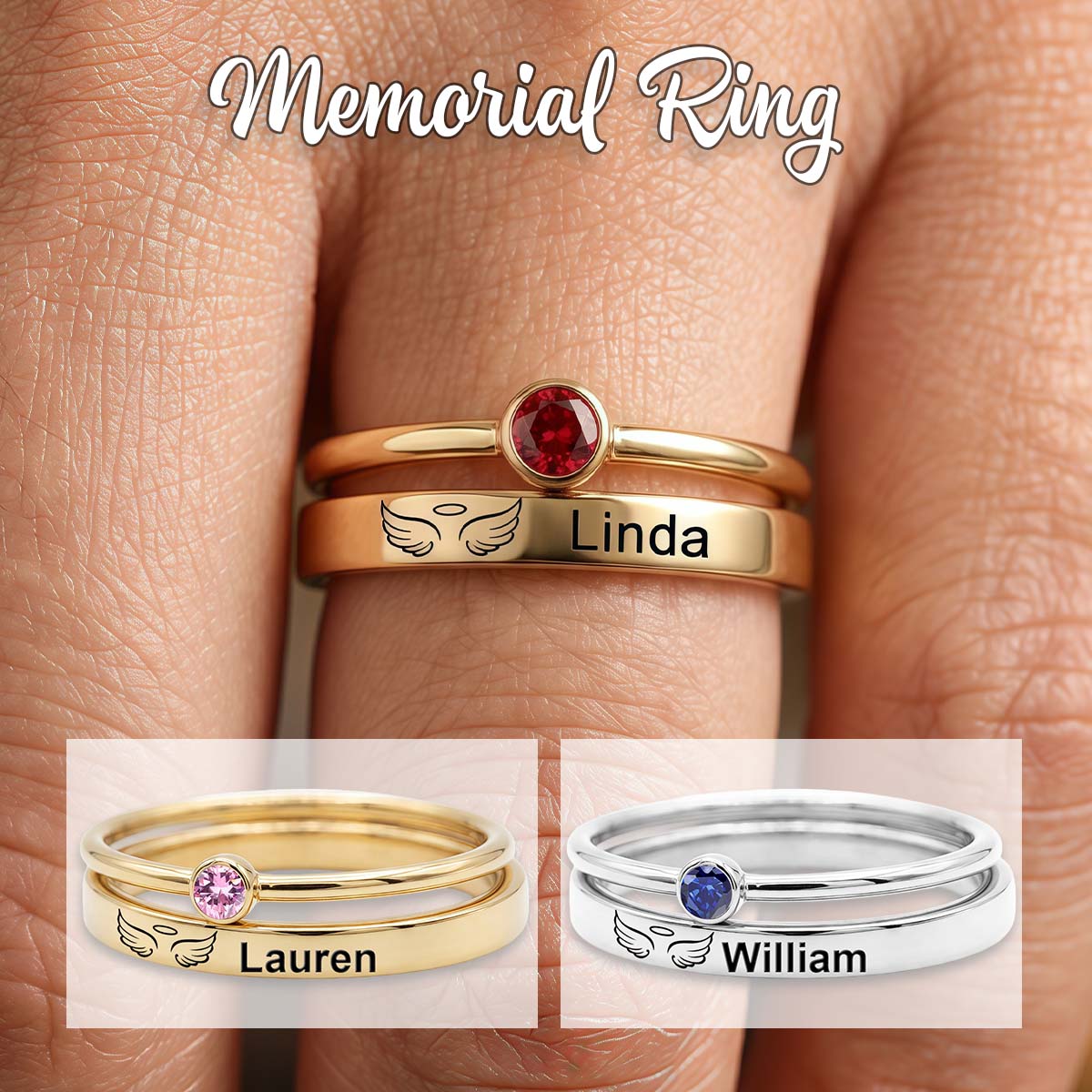 Personalized Custom Name Stacking Birthstone Memorial Ring