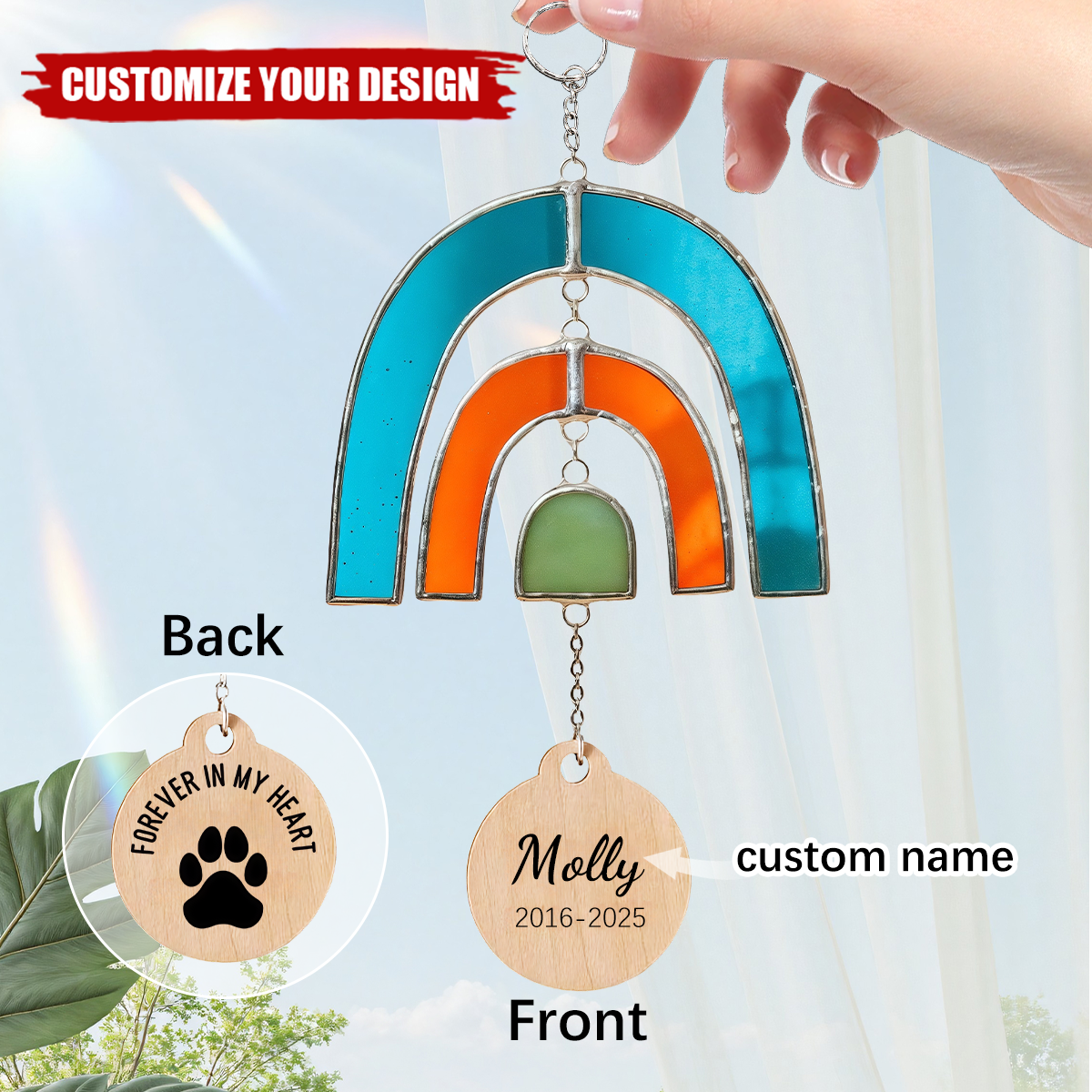 Personalized Rainbow Bridge Heart Paw Print Memorial Suncatcher