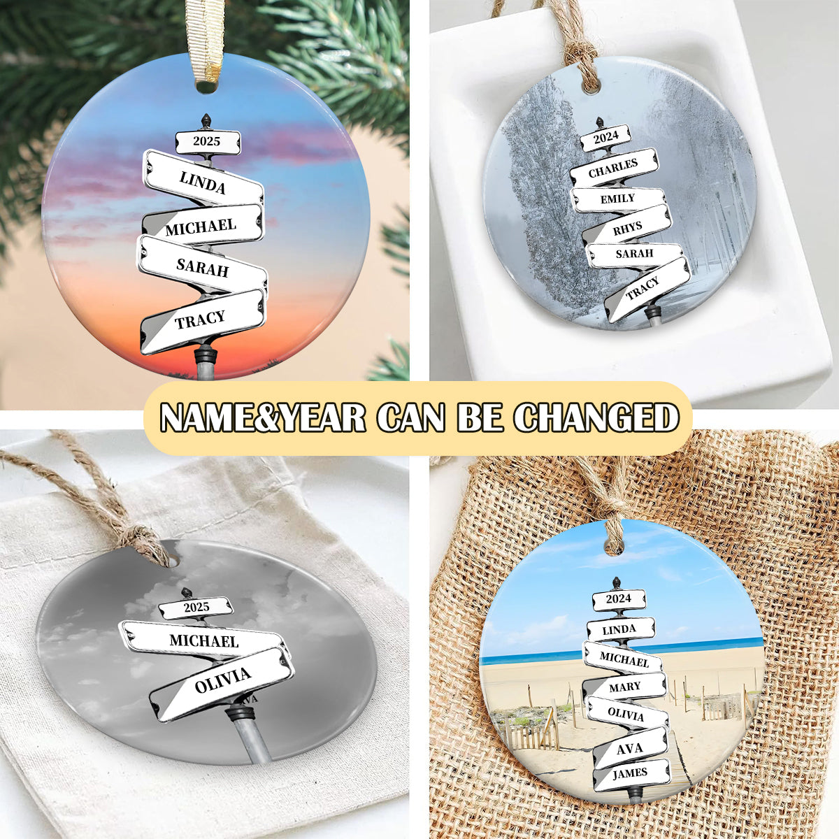 Personalized Landscape Road Sign Name Tag Ornament- A Gift For Your Family