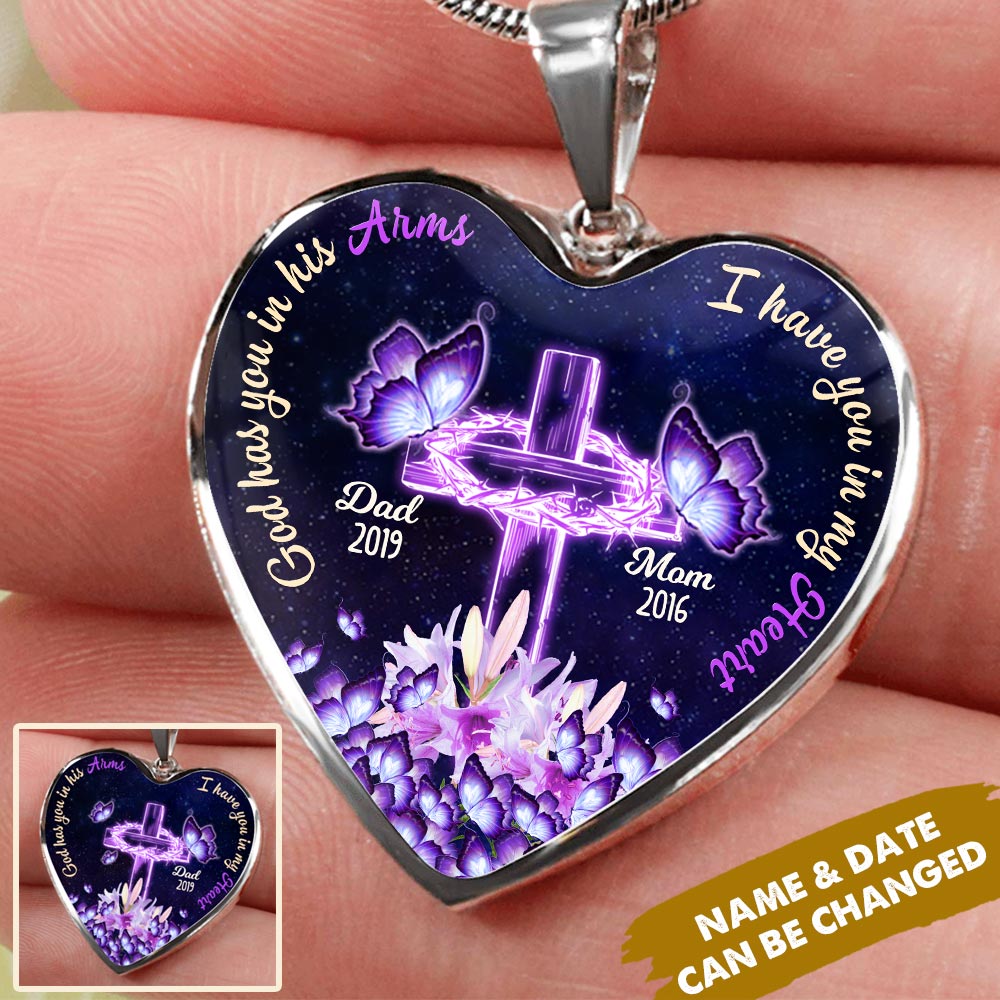 Personalized Purple Butterflies Cross Memorial Heart Necklace