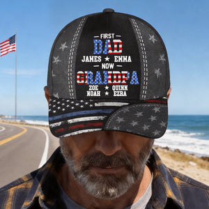 First Dad Now Papa American Flag Hat With Kids Names – Custom Family Baseball Cap