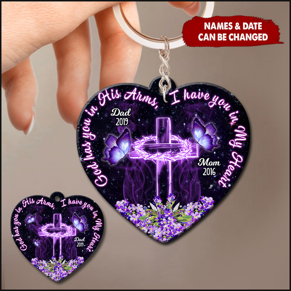 Memorial Gift Purple Butterfly Cross, God Has You In His Arms, I Have You In My Heart Personalized Keychain