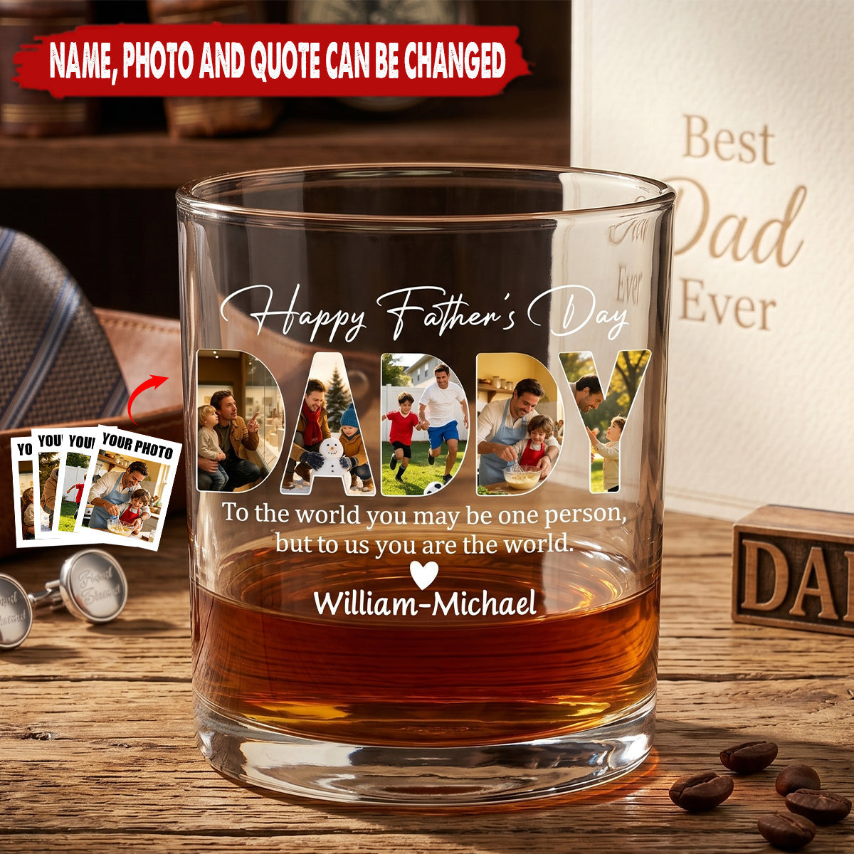 Personalized Whiskey Glass For Dad, Happy Father's Day Quote & Photo Design