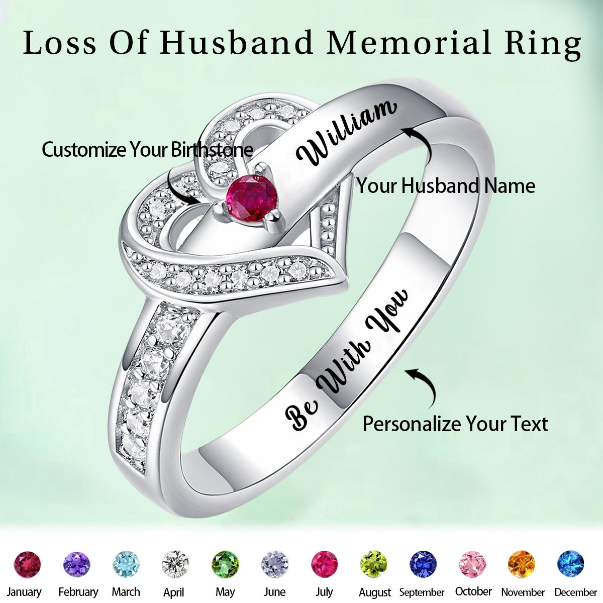 Personalized Name Heart Promise Birthstone Memorial Ring - HAPPARY