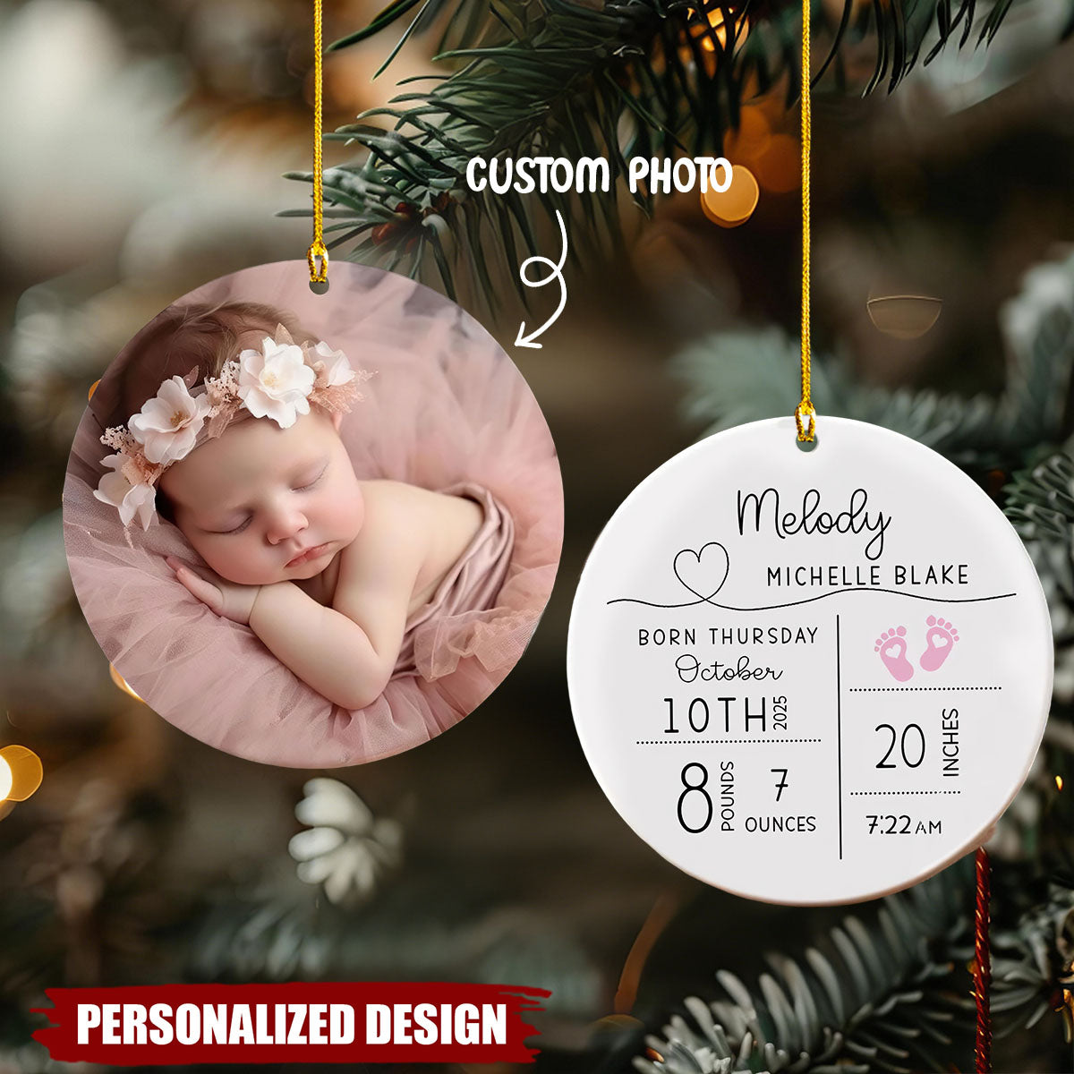 Custom Baby Birth Stats Ornament, Personalized New Baby Photo Ornament