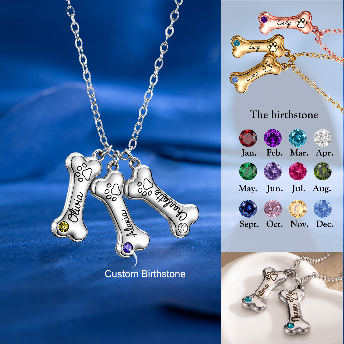 Personalized Bone Shaped Name Charm Necklace, Multiple Dog Owner Paw Print Jewelry