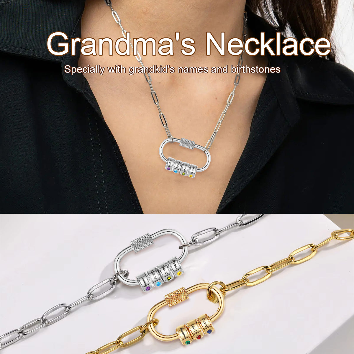 Personalized Birthstone Name Necklace, Jewelry Gift For Mom Grandma