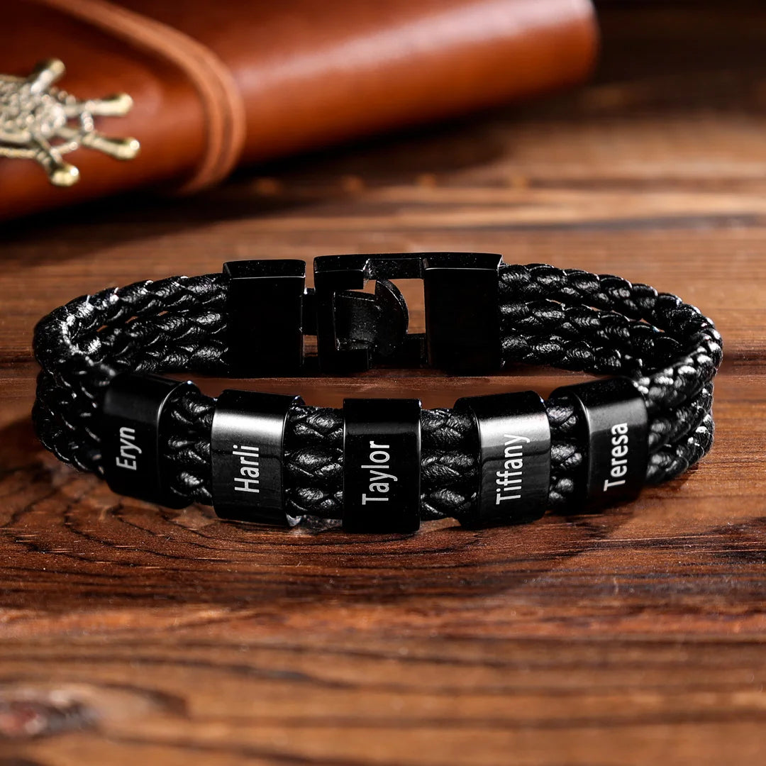 Personalized Braided Leather Bracelet Engraved Names Men's Bracelet Gifts For Him