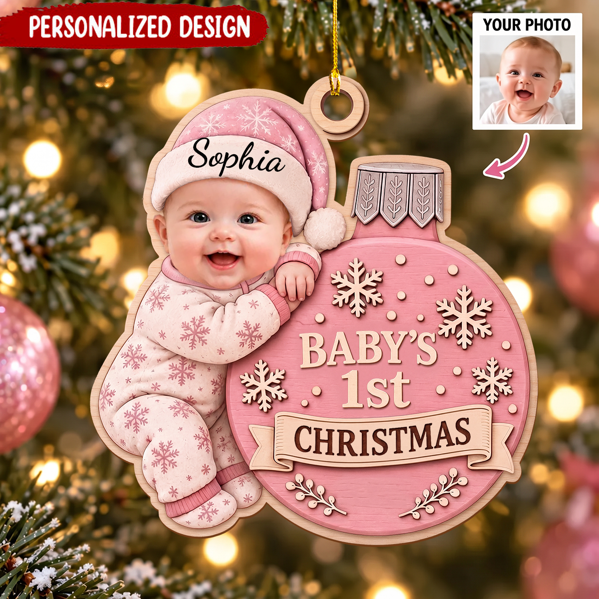 Personalized Baby First Christmas Custom Photo Wood Ornament