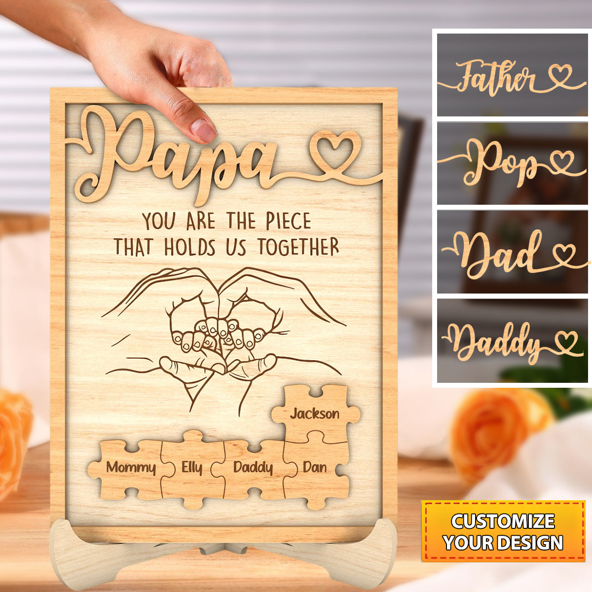 Personalized Father's Day Puzzle Sign, Family Hands Wooden Plaque, Gift For Dad