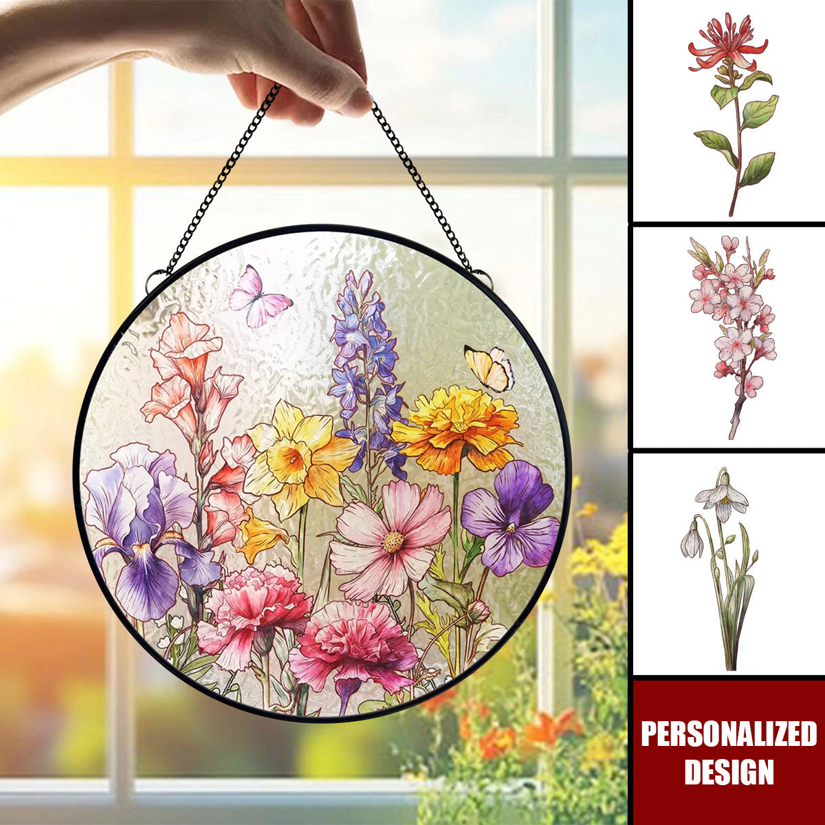 Her Love Blooms In Every Season - Family Personalized Custom Stained Glass Window Hanging Suncatcher